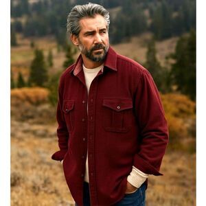 Eddie Bauer Chamois Shirt Mens Sz L Burgundy Chest Pockets Outdoors Gorpcore